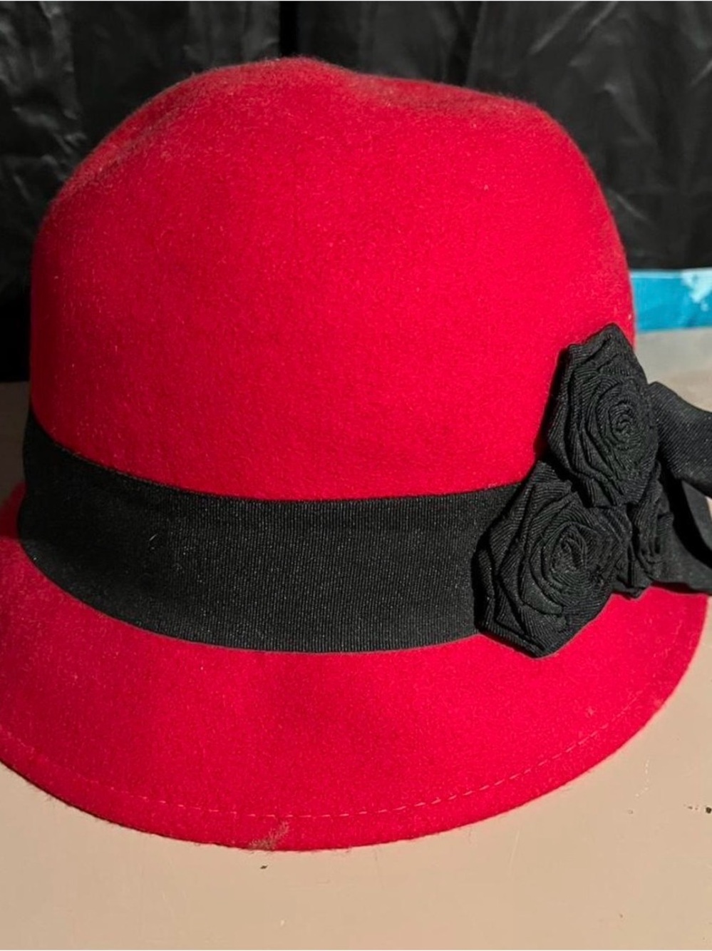 Red Women’s 100% Wool Cloche Hat with Black Band and Rosette
